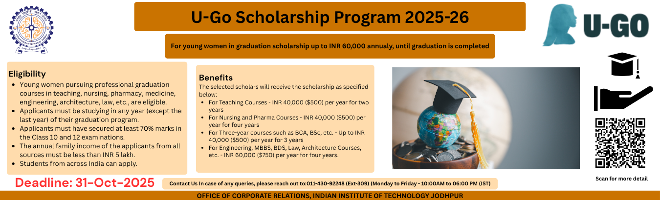 U-Go Scholarship Program 2025–26 For young women pursuing graduation | Scholarship up to INR 60,000 per year | Support available until completion of graduation